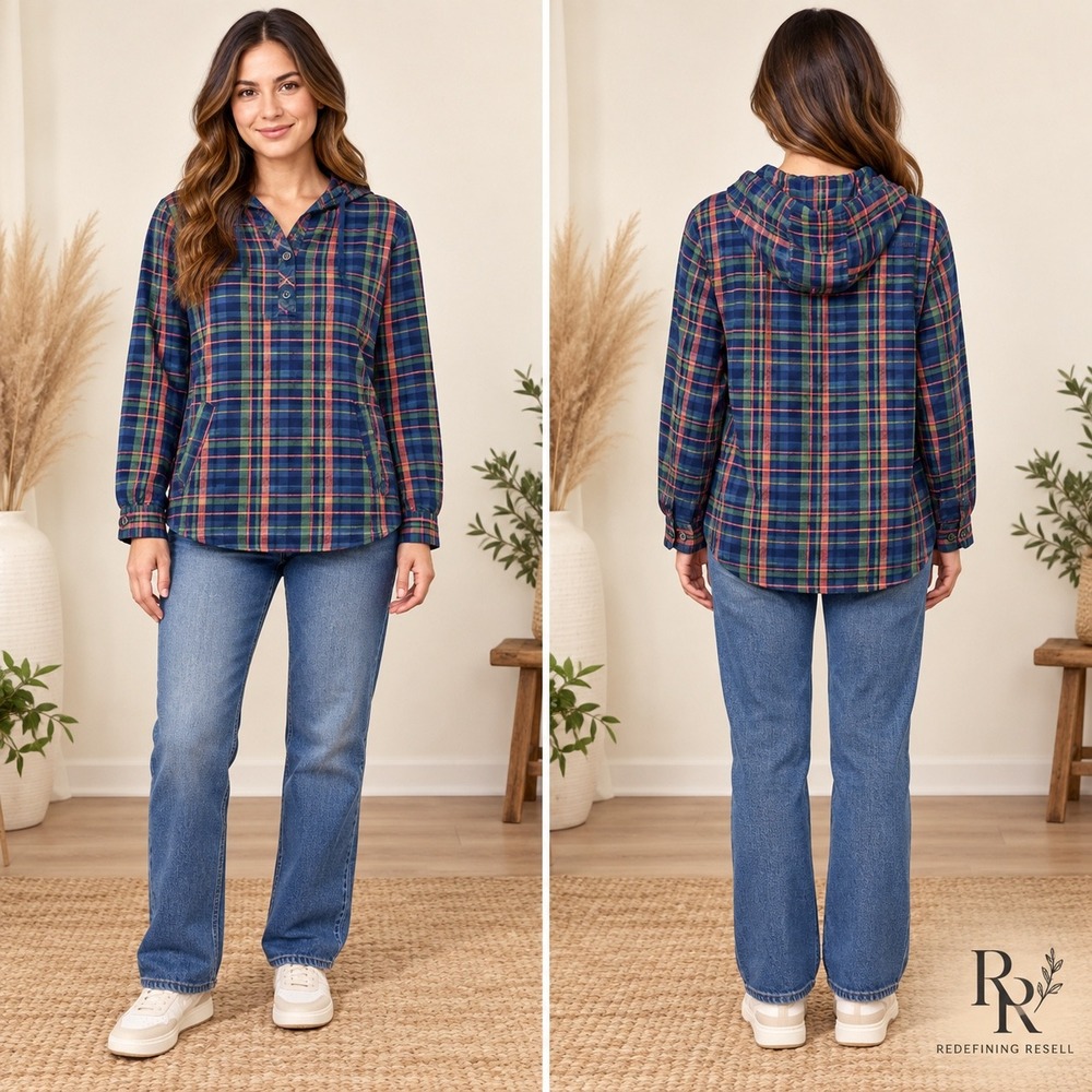Marmot Womens Plaid Flannel Hoodie Blue Green Orange Henley Pullover Size M